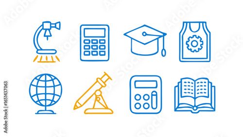 Illustration of education and science icons including globe calculator and microscope in blue and yellow