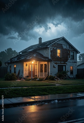 A weathered farmhouse stands under a stormy sky, its porch illuminated by a single light bulb as rain pours down, casting a somber glow over the scene