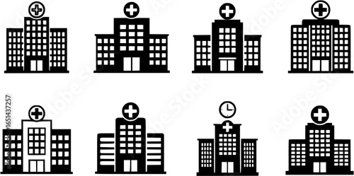 Collection of black medical building icons with crosses and clocks, hospital, medical, building, icon,