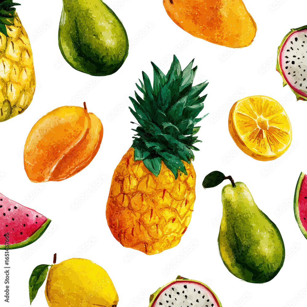 Seamless pattern featuring various tropical fruits like pineapples, mangoes, and coconuts, isolated on transparent background