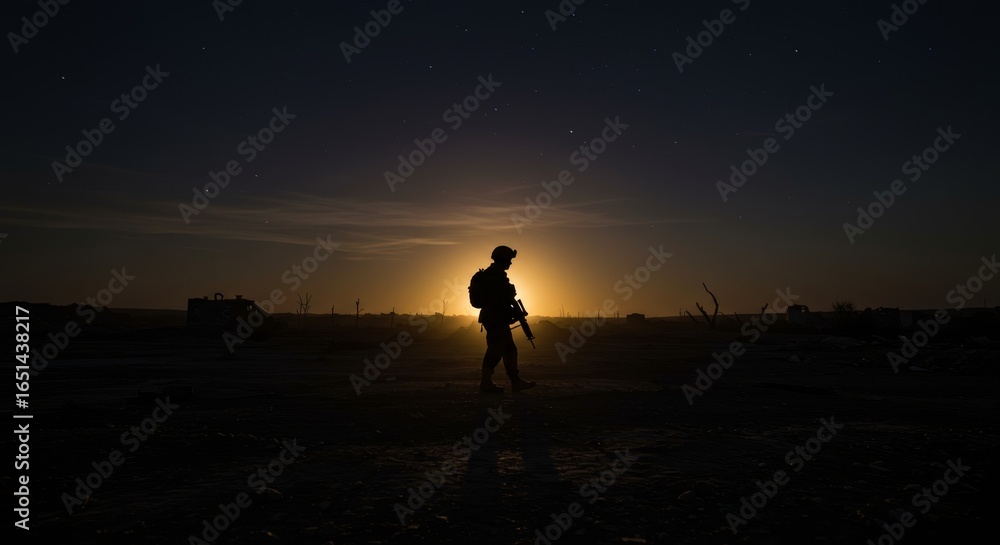 Naklejka premium Soldier Silhouette Against Night Sky in War-Torn Landscape at Dusk