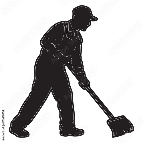 Black silhouette of a person wearing overalls and a cap sweeping with a broom cleaning