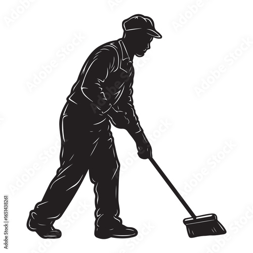 Silhouette of a man wearing overalls and a cap sweeping with a broom cleaning