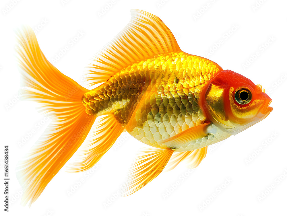 Fototapeta premium Premium studio shot showing Beautiful gold fish swimming in aquarium pet fish tropical aquatic life isolated on transparent background, subtle metallic sheen, studio product photo on a clean white bac
