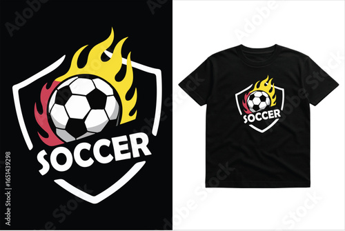 Flaming Soccer Ball Shield Logo – Dynamic Football T‑Shirt Design for Striker Teams, Youth Clubs, Fans, Esports Branding & Game Day Merch