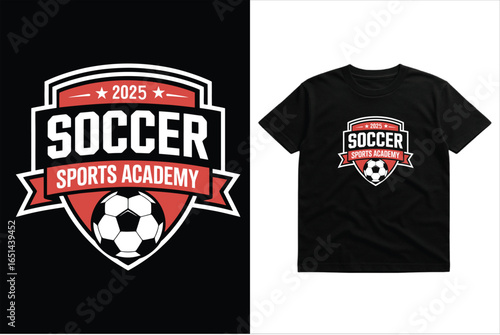 Soccer Sports Academy 2025 Shield Badge Logo – Team T‑Shirt Design for Youth Club, Training Camp, Tournament Merch & Coach Apparel