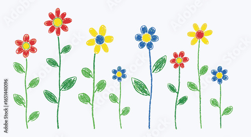 Simple crayon-style wildflowers in primary colors showcase a minimalist approach to floral illustration