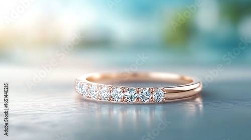 A delicate gold ring with sparkling diamonds, captured up close to highlight its beauty. 