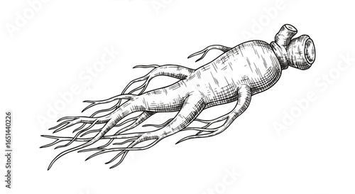 Detailed vintage hand-drawn jellyfish ginger illustration with flowing tentacles showcases marine biology artistry