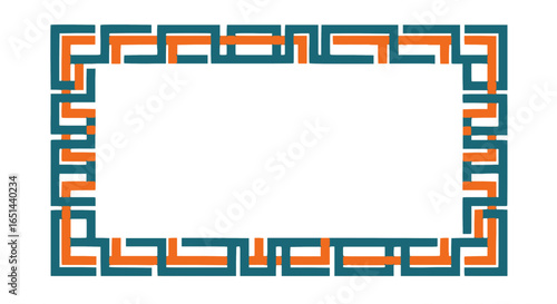 Decorative geometric border frame in teal and orange colors creates elegant rectangular design element