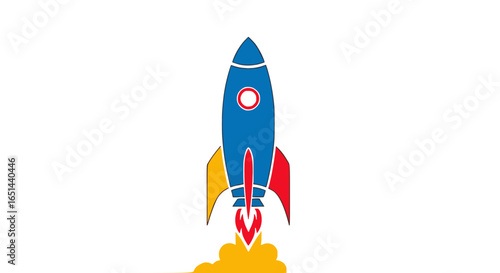 Rocket ship launch with colorful flames and smoke trail