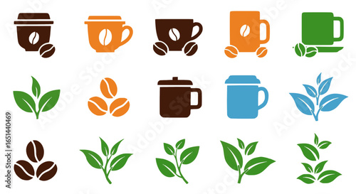 Coffee and tea icons collection with cups mugs and leaf symbols