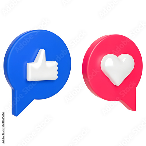3d icons, volume thumb up gesture and heart as likes on red and blue circles facebook icon