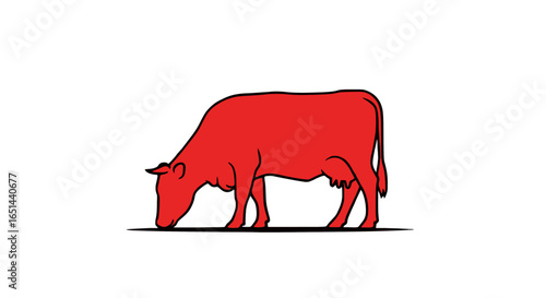 Red Cow Grazing Vector Illustration
