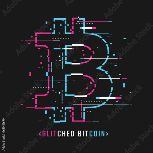 Glitch Bitcoin Icon Silhouette BTC Symbol in Neon Glow Crypto Vector Isolated