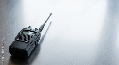 A black walkie talkie lies on a light gray metallic surface. Radio communication device for military and security.