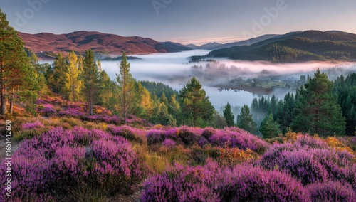 A heather foreground overlooks a misty valley with distant hills at sunrise/sunset
