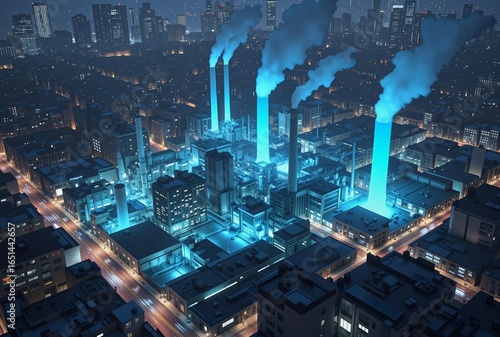 A futuristic cityscape at night, illuminated by blue lights, features towering chimneys emitting plumes of smoke and steam, creating an industrial and somewhat dystopian atmosphere