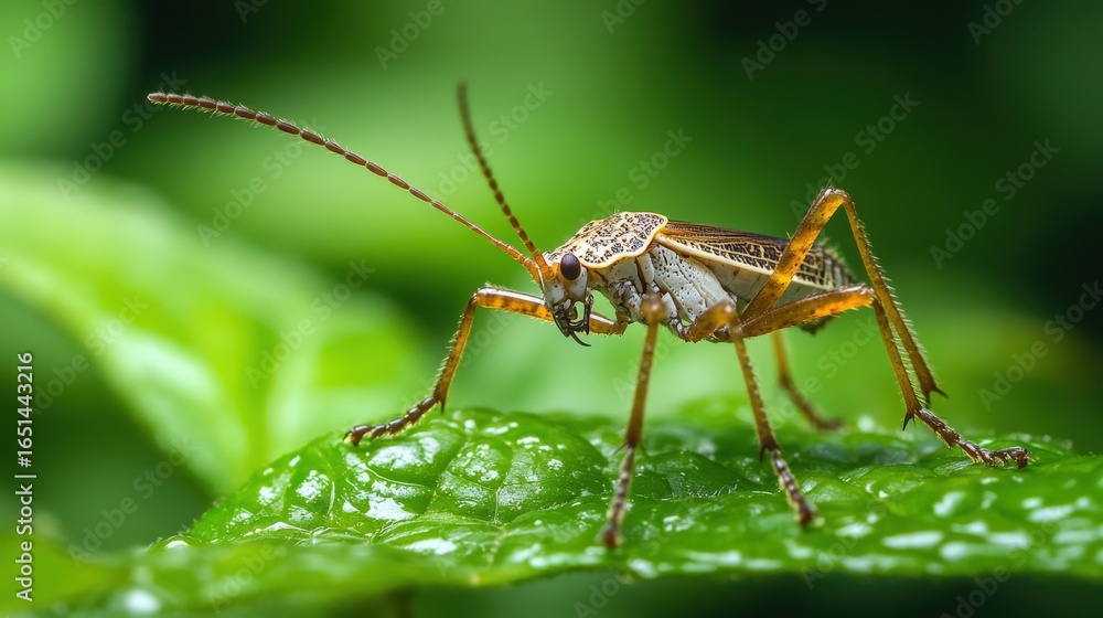 Fototapeta premium Close-up of a grasshopper on a vibrant green leaf.