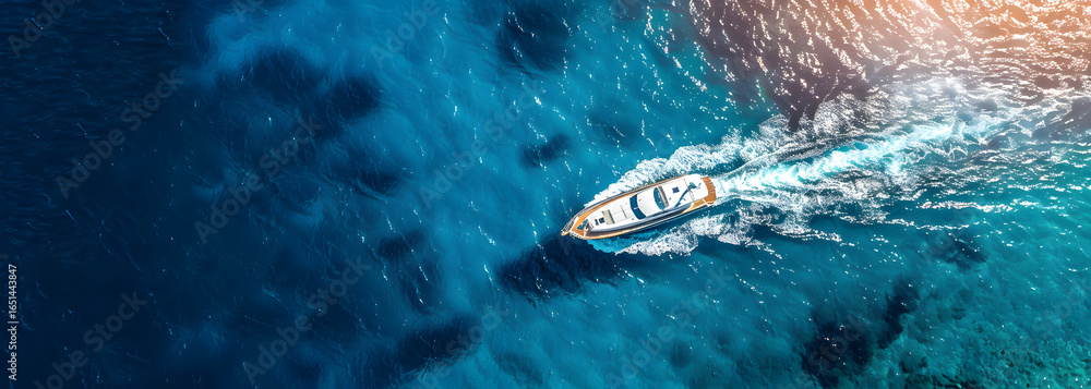 Obraz premium Breathtaking aerial view of a luxury yacht cruising through shimmering turquoise waters, perfect for travel brochures, high-end advertising, and capturing the essence of ocean adventures