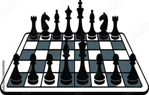 Black and white chess pieces arranged on a chessboard with grey and white squares game strategy