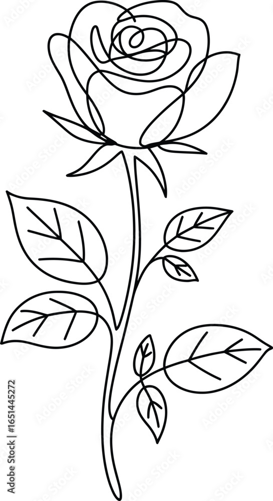 Fototapeta premium Elegant Single Line Rose Illustration with Stem and Leaves Simple and Minimalist Flower Drawing Perfect for Wedding Invitations and Greeting Cards