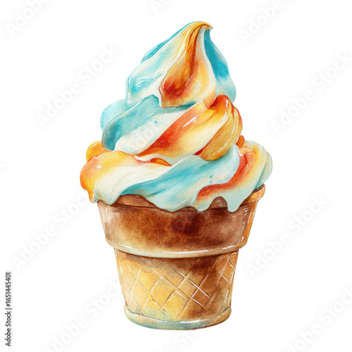 Watercolor illustration of an ice cream cup with colorful swirls, isolated on transparent background