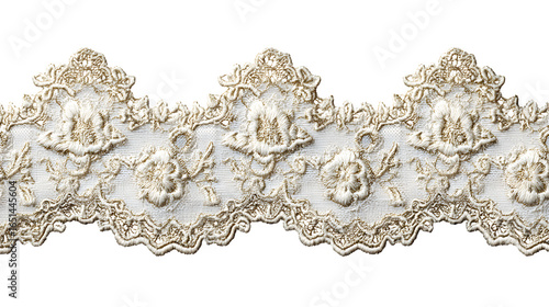 Elegant vintage lace trim with intricate floral patterns and delicate details on a white background.