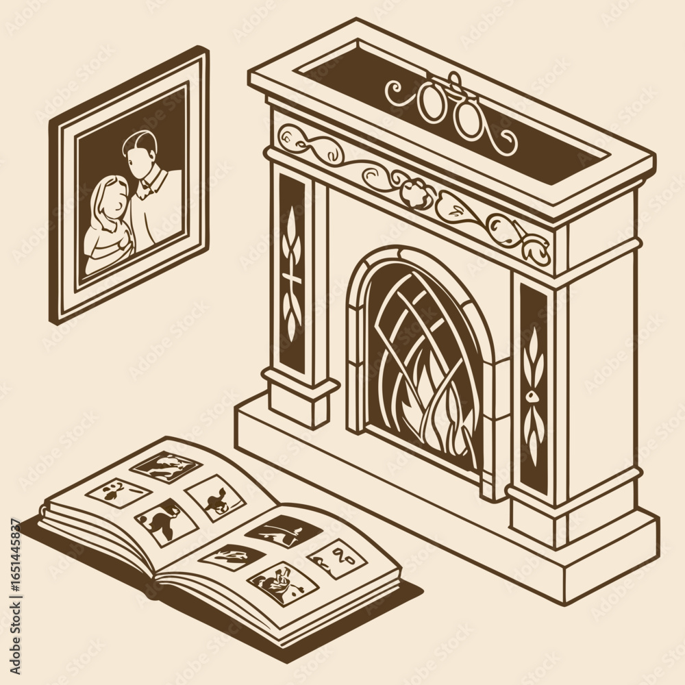 Fototapeta premium Family gatherings by the fireplace with photo album illustration concept
