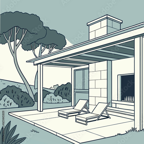Modern outdoor patio with fireplace and loungers illustration concept