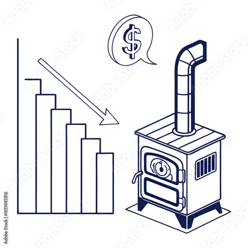 Stove saves finances illustrated with a declining chart concept
