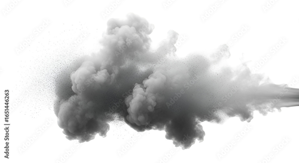 Naklejka premium Thick smoke cloud PNG on white background, concentrated burst of vapor, detailed particles, rising effect, realistic dark and light shades, sharp edges, clear definition.