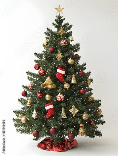 Photo of a cozy family gathering, decorating a Christmas tree with ornaments and wrapped gifts beneath