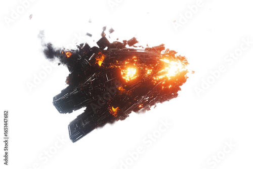 Explosive spaceship wreckage with burning components floating on transparent background