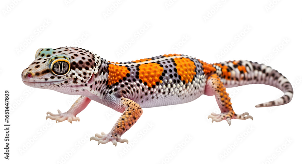 Naklejka premium Colorful Leopard Gecko with Bright Orange Spots on White Background Cut Out PNG.