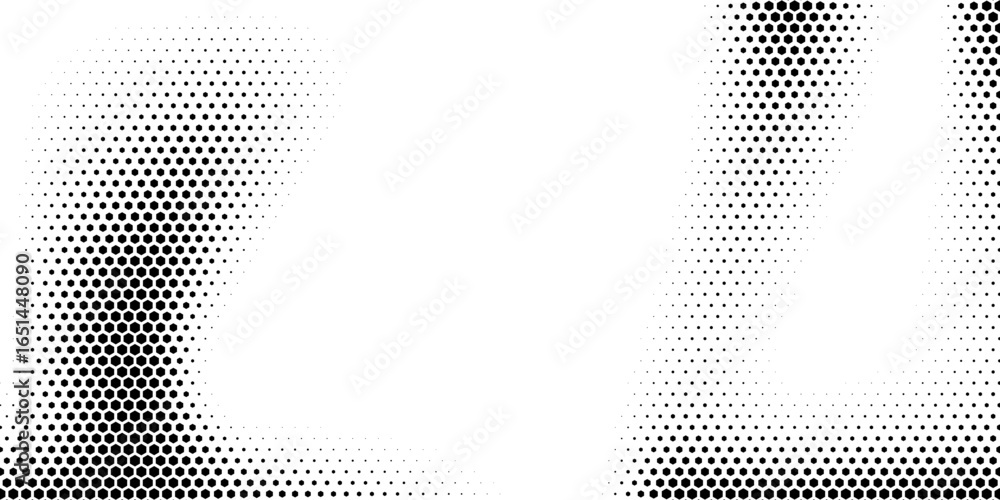 Hexagon halftone gradient texture. Abstract black grunge background. Geometric retro halftone tech overlay. Fading wavy hexagonal pattern backdrop. Vector vanishing honeycomb grunge bitmap wallpaper