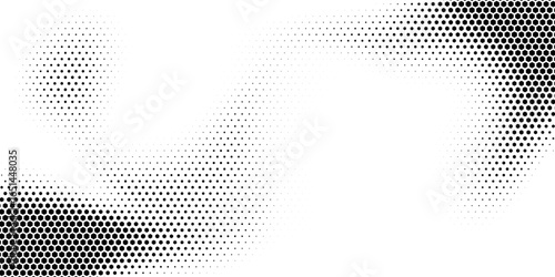 Hexagon halftone gradient texture. Abstract black grunge background. Geometric retro halftone tech overlay. Fading wavy hexagonal pattern backdrop. Vector vanishing honeycomb grunge bitmap wallpaper