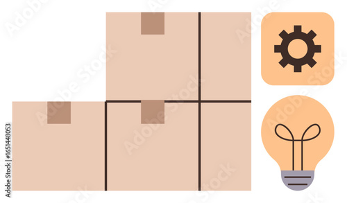 Stacked cardboard boxes with a gear and light bulb icon, symbolizing logistics, creativity, and industrial efficiency. Ideal for concepts of innovation, shipping, productivity, teamwork, ideas