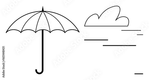 Umbrella paired with cloud and wind lines emphasizing weather dynamics and protection. Ideal for weather services, outdoor concepts, seasons, travel, insurance, safety, simple landing page