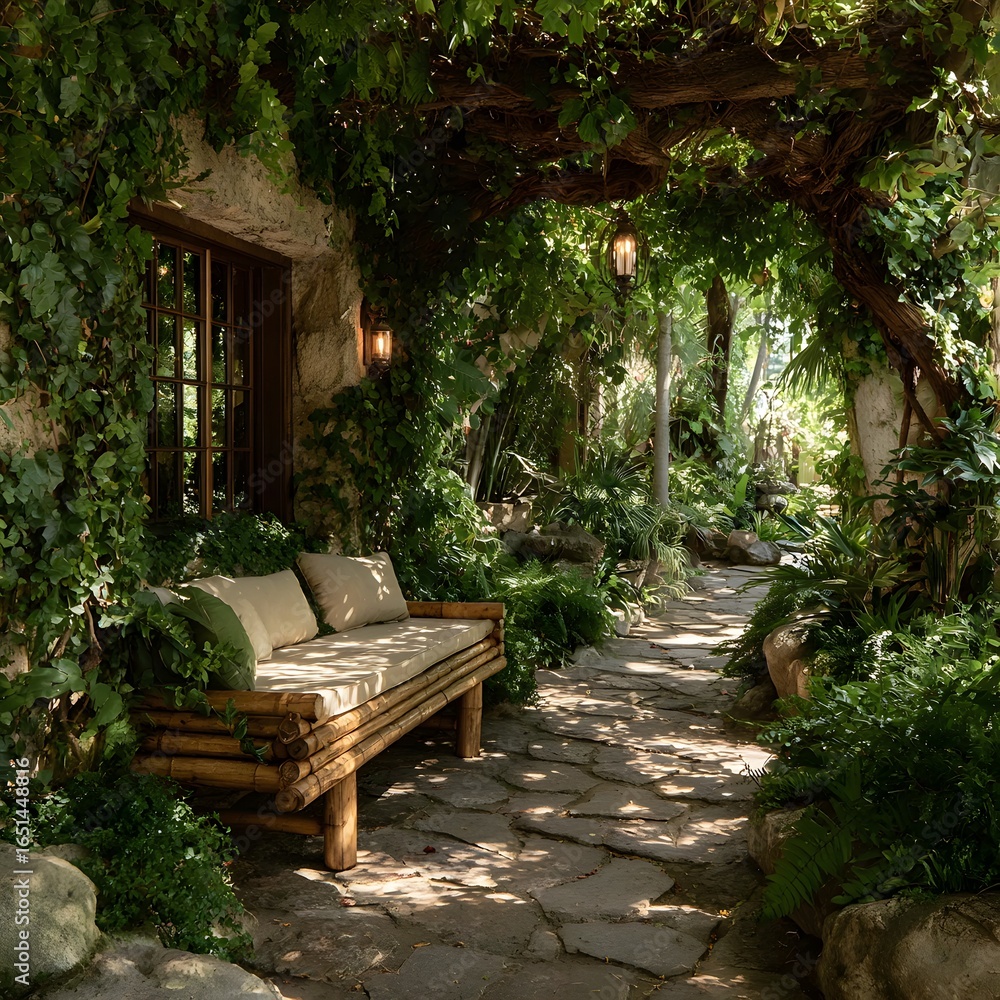 Obraz premium Lush vines surrounding cozy outdoor seating high resolution picture