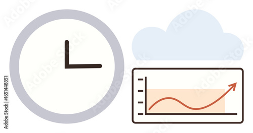 Clock, cloud, and upward growth graph represent time efficiency, cloud computing, and performance trends. Ideal for business analytics, productivity, cloud technology, time tracking forecasting