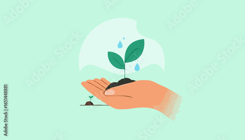 Hand Spraying Plant with Water Bottle - Gardening Care Vector Illustration for Home Decor and Plant Care Services