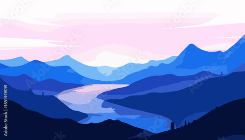 Mountain Valley with Flowing River and Bright Sun - Scenic Landscape Vector Illustration for Nature and Adventure Tourism