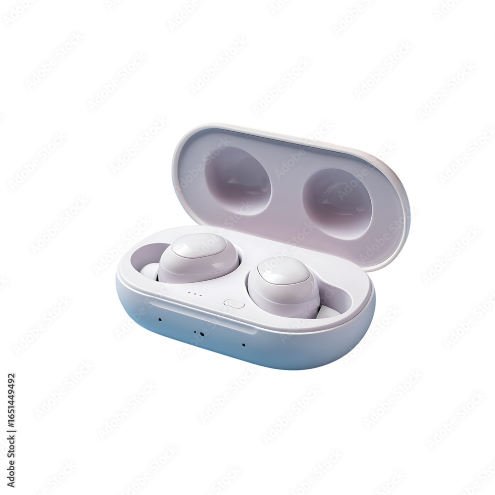 Fototapeta premium Sleek modern white wireless earbuds with charging case, perfect for active lifestyles and on-the-go productivity.