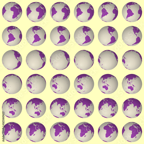 Collection of earth globes. Tilted sphere view. Rotation step 10 degrees. Solid color style. World map with dense graticule lines on yellowish background. Posh vector illustration.