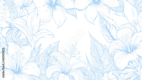 Botanical themed hand drawn flowers print seamless pattern old vintage calligraphy style blue pattern on white background, sketch style