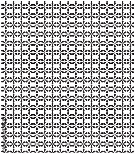 Seamless four petal floral clover pattern, abstract ornamental black and white retro decorative geometric background texture