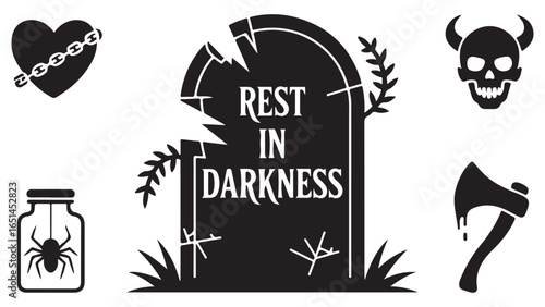 Vector art illustration of vintage Halloween icons, signs, and silhouettes for a holiday banner design