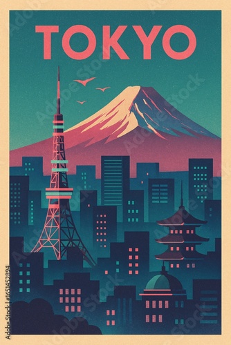 Retro travel poster of Tokyo cityscape with Mount Fuji