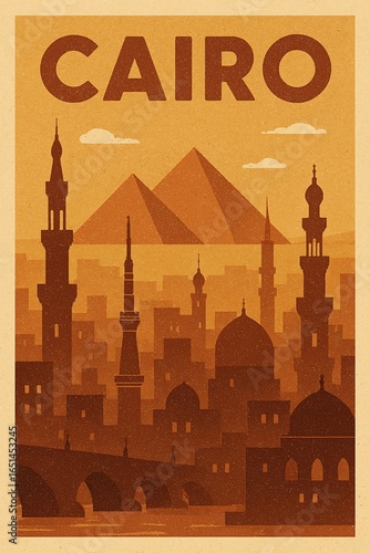 Retro poster of Cairo skyline with Pyramids